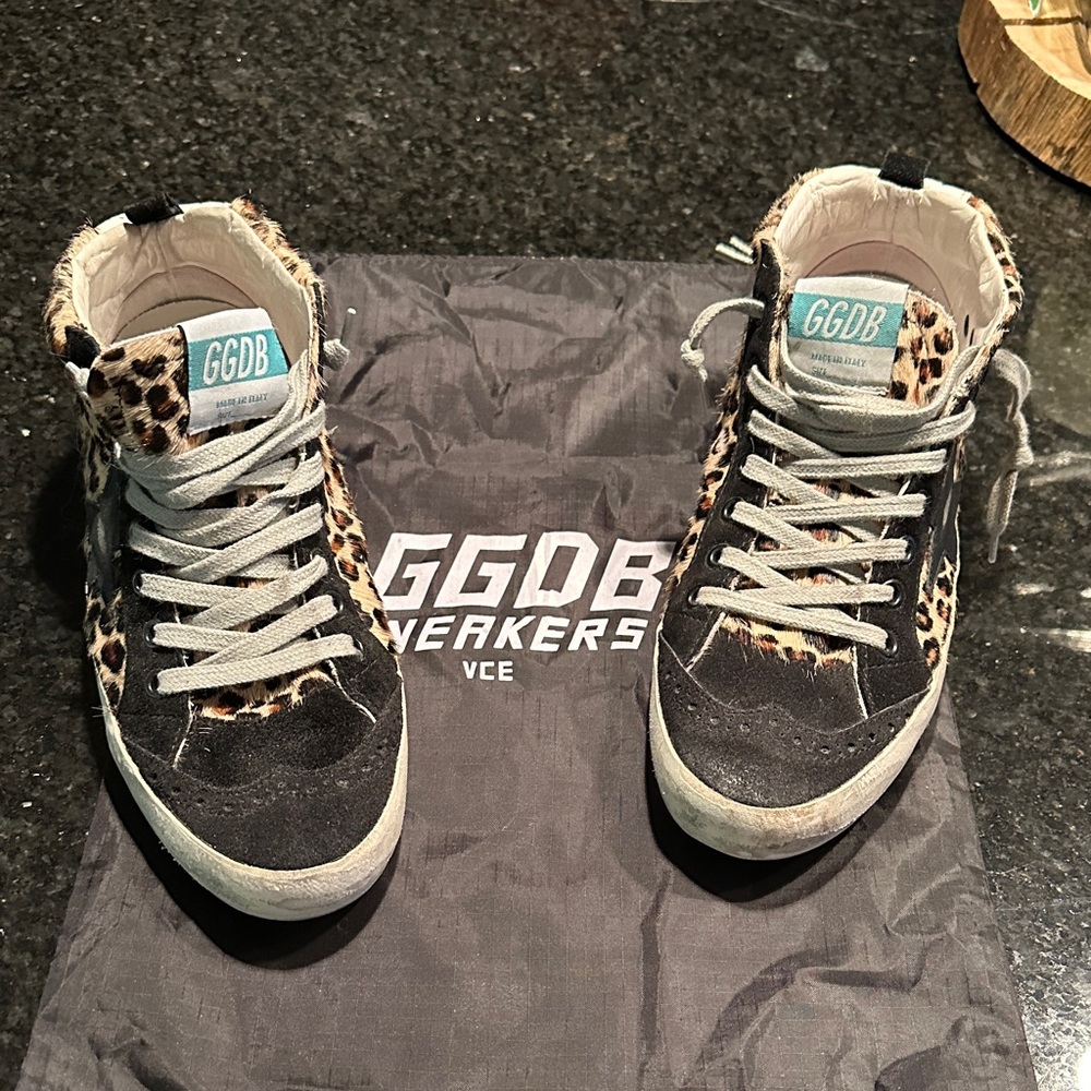 Golden Goose Black and Leopard Print Sneakers